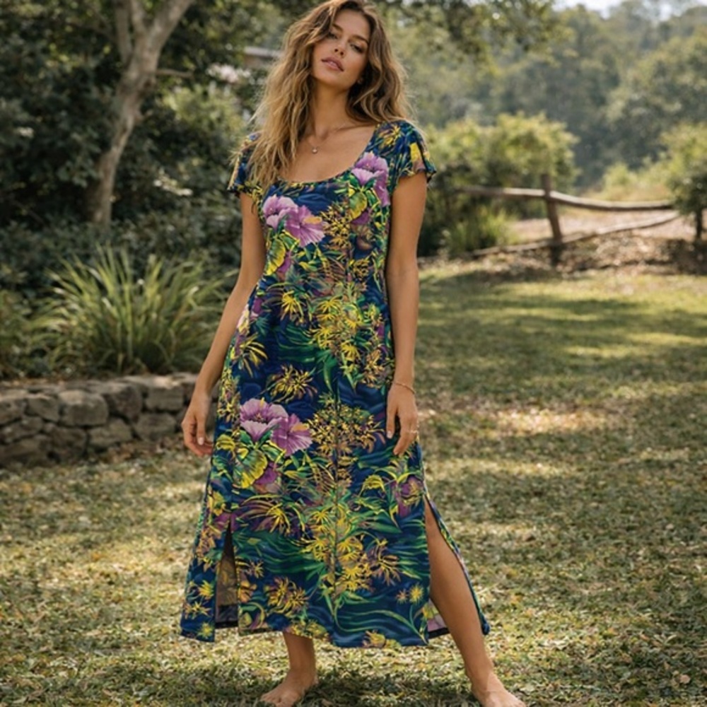 Jams world vintage  hibiscus forest navy purple floral midi dress